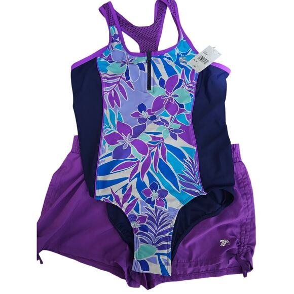 NEW Zeroxposur Swimsuit Set Girls Size XL 16 Swim Shorts and One Piece (918) - Picture 3 of 6